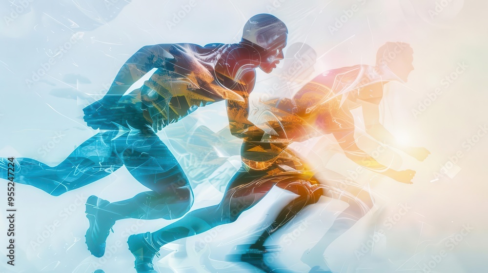 Poster surreal multiple exposure portrait merging an athletes silhouette with dynamic action scenes layers 