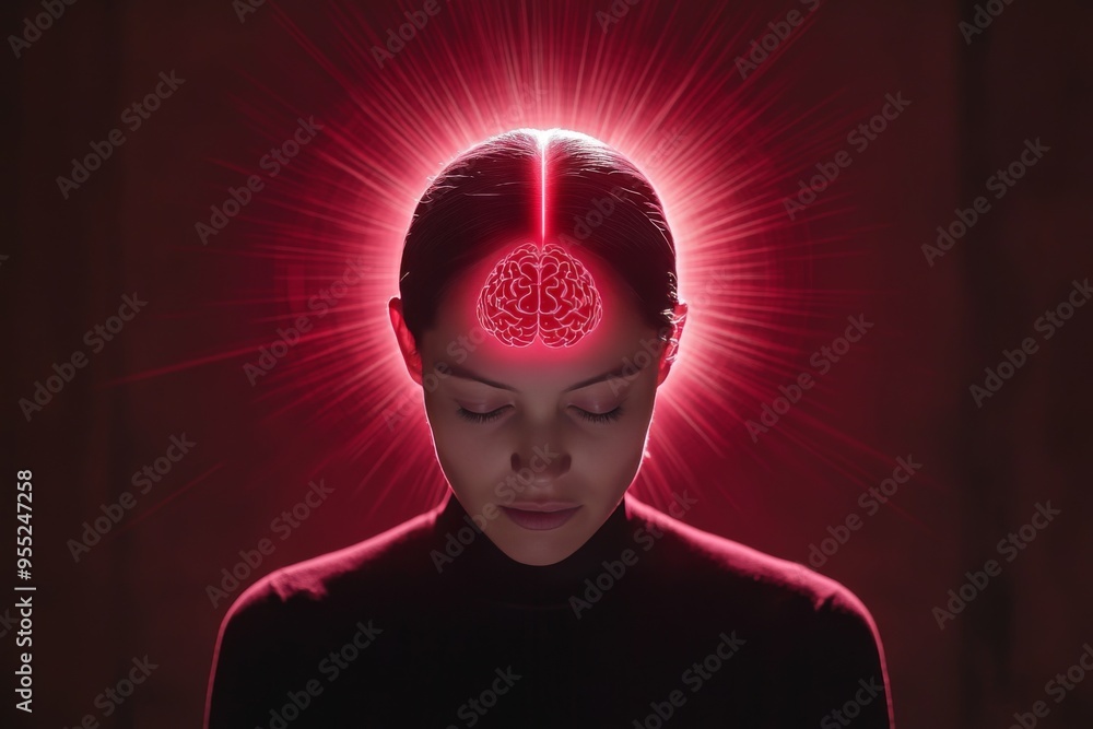 Poster empathic resonance subconscious profile of a person with a glowing red brain symbolizing the intense