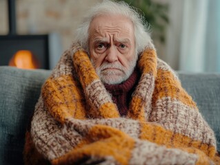 Grey-haired man wrapped in plaid throw
