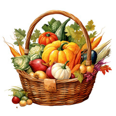 A wicker basket filled with various vegetables and gourds