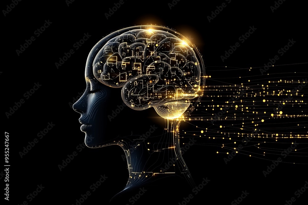 Aufkleber cooperative network power of thought profile of a woman with a glowing brain and digital elements sy