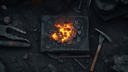 Blacksmith's Forge: Hammer, Tongs & Glowing Metal Flat Lay