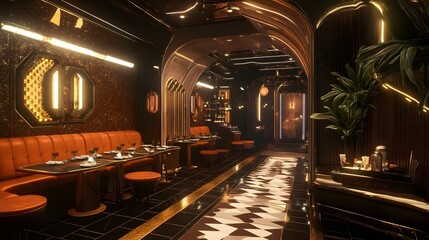A restaurant showcasing dynamic 3D-rendered decor with changing themes