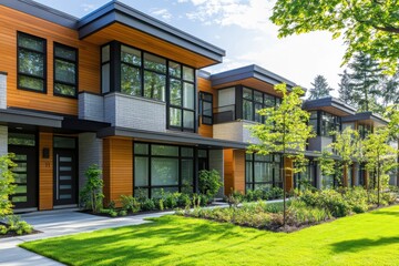 Exterior perspective of recently constructed housing design. Facade of up-to-date residence surrounded by vibrant garden and trees. Architectural appearance of dwellings from outdoors