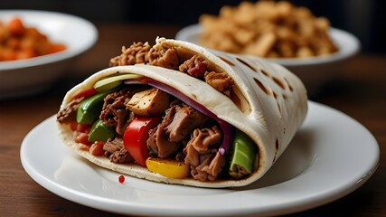 Burrito wraps with chicken and vegetables on a cutting board, against a background of concrete, Mexican shawarma