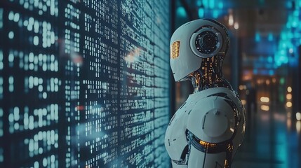 AI humanoid like robot looking at computer code floating in the air in a state of the art lab in the future