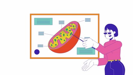 Korean woman biology teacher showing cell 2D character animation. Natural science cartoon 4K video, alpha channel. Female tutor teaching students in school animated person on white background