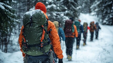 Group of hikers trekking through snowy forest led by a guide