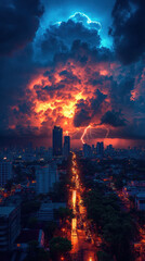 Obraz premium A panoramic shot of Bangkok skyline during a tropical thunderstorm, with dramatic clouds and lightning