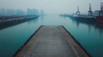 Fototapeta premium An empty harbor in a Chinese port city, with no ships or workers, just the silent docks and still water