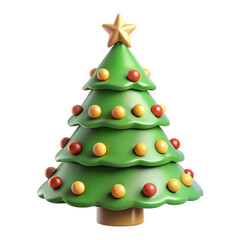 3D Christmas tree adorned with colorful ornaments and topped with a gold star, perfect for holiday themes, festive designs, and seasonal decorations. Isolated on transparent background, png.