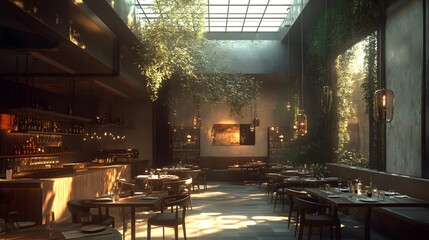 A restaurant showcasing dynamic 3D-rendered decor with changing themes
