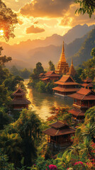 A panoramic view of a temple complex in Laos at sunset, with golden spires reflecting the warm light