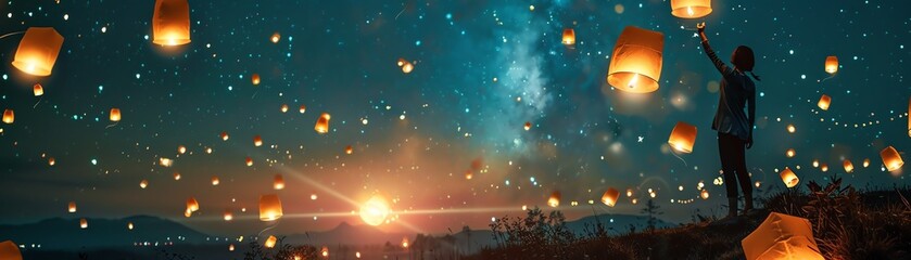 Naklejka premium A person releasing lanterns into a starry night sky, creating a magical scene