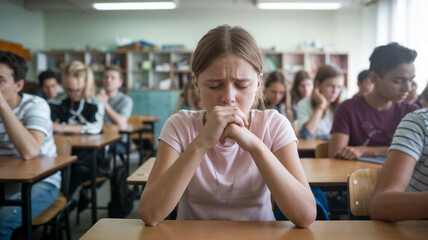A scared student girl in a classroom with other students in class. Social anxiety disorder. social phobia. a person with fear of being watched and judged by others.	