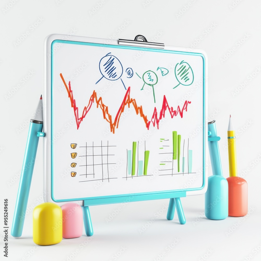 Poster colorful whiteboard with graphs and charts representing data analysis, productivity, and growth in a
