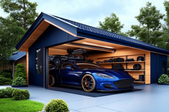 Customized garage layout is depicted in a detailed illustration of a garage designed to accommodate specific needs, such as a car lift or a dedicated workshop area