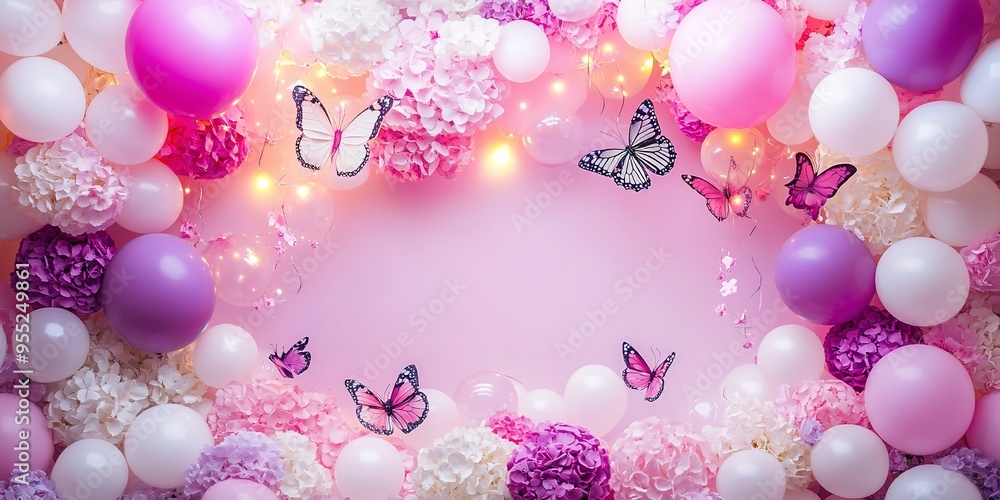 Sticker backdrop for butterfly theme birthday party, lots of balloons and butterflies and twinkle lights and