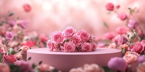 Podium background flower rose product pink spring table. Garden rose floral summer background podium cosmetic valentine easter field scene gift purple day romantic