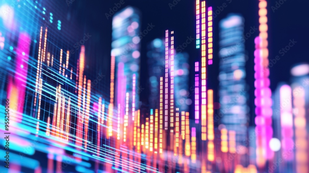 Poster vibrant city skyline with colorful light trails representing data visualization and technology innov