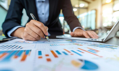 close up of Business consultant analyzing market trends for future investments, using data and analyzing collected information