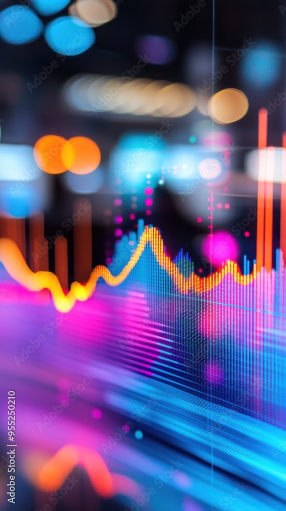 Poster vibrant abstract visualization of data trends with colorful lines and bokeh effects representing tec