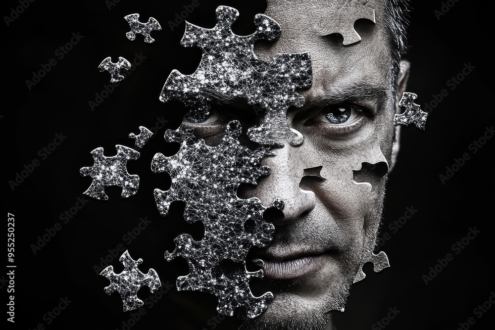 Poster brain to brain synchrony power of thought half face of a man dissolving into puzzle pieces symbolizi