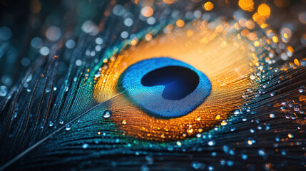 Naklejka premium A peacock feather background, with soft focus and rich textures, perfect for elegant designs