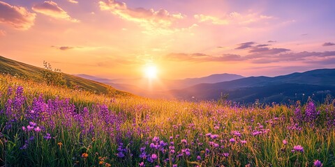 Obraz premium Captivating countryside scene at sunrise with blooming purple flowers in a spring meadow and wildflowers at sunset, creating a serene summer panoramic view with copy space image. 