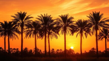 Obraz premium A date palm grove at sunset, with the trees silhouetted against a vibrant orange sky.