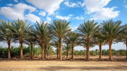 Obraz premium A date palm tree farm in a desert oasis, with the trees providing shade and nourishment for the local community.