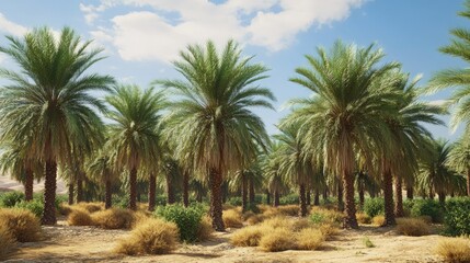 A date palm tree farm in a desert oasis, with the trees providing shade and nourishment for the local community.
