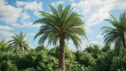 Obraz premium A date palm tree growing in a lush oasis, surrounded by other palm trees and vibrant greenery.