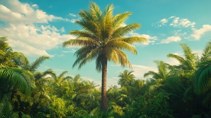 Fototapeta premium A date palm tree growing in a lush oasis, surrounded by other palm trees and vibrant greenery.
