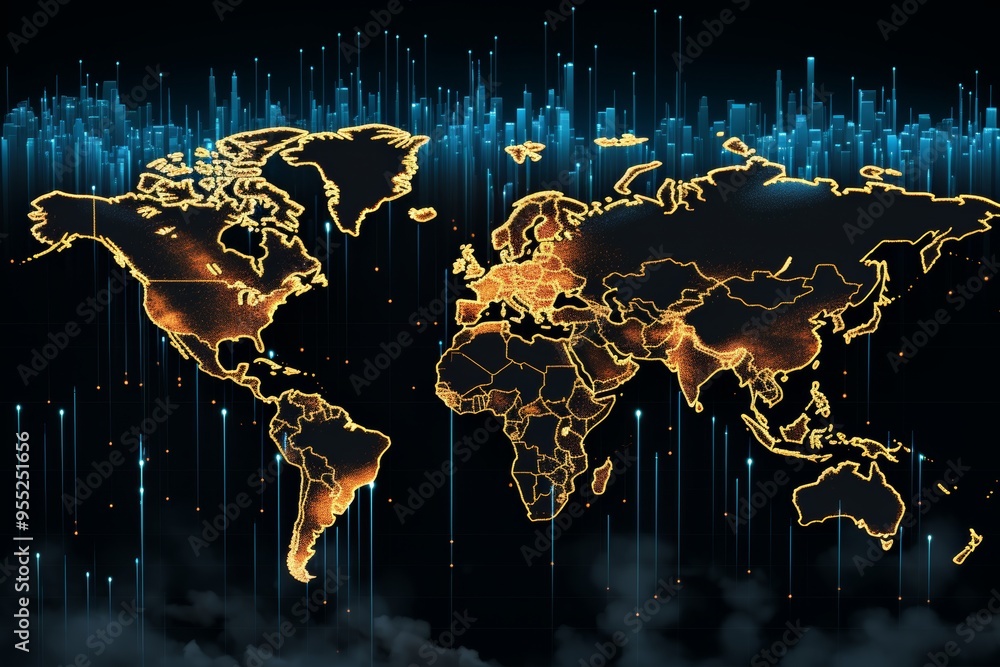 Poster global data transfer double exposure of world map and intercontinental communication