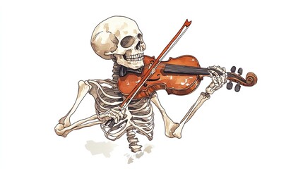 A whimsical illustration of a skeleton playing a violin, showcasing a blend of humor and artistry. Perfect for festive and creative themes.