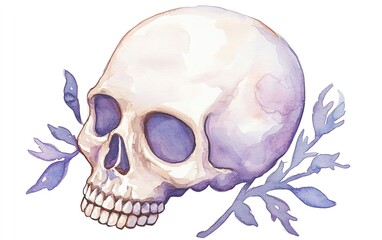 Fototapeta premium Artistic watercolor painting of a human skull with purple leaves. Detailed and intricate, highlighting the delicate balance of life and death.