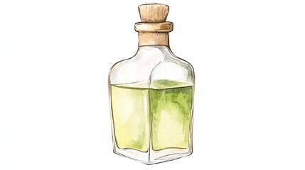 Hand-drawn illustration of a green liquid bottle with a cork stopper, perfect for herbal or potion themes in design projects.