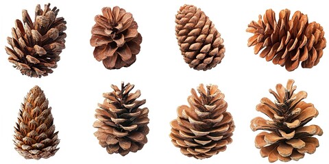 set of pine cones isolated on white background 