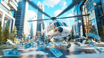 Fototapeta premium A luxurious helicopter hovers over a vibrant city landscape, surrounded by flying dollar bills, symbolizing wealth and success.
