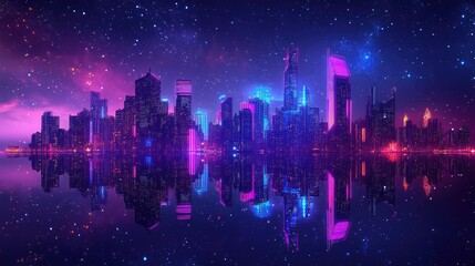 Obraz premium A digital illustration of a neon-lit cityscape reflected in a starry night sky, creating a futuristic and abstract background.