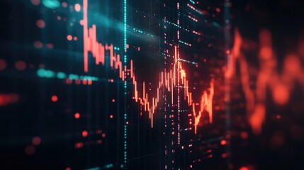 Obraz premium A dramatic close-up of a stock market or forex trading graph, with candlestick charts fluctuating wildly against a dark background.