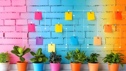 Colorful Brainstorming Session in Office with Sticky Notes and Diagrams