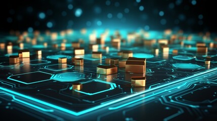 Obraz premium Abstract circuit board with hexagons and sphere in turquoise and beige, digital technology concept