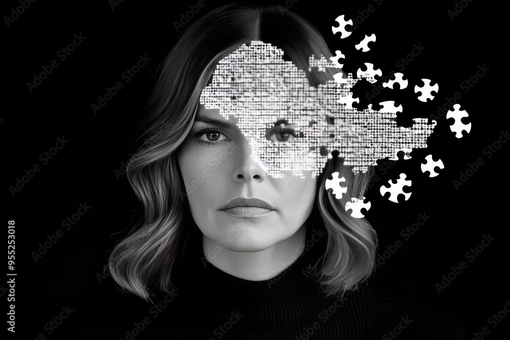 Poster neural connectivity power of thought woman’s face partially dissolving into puzzle pieces symbolizin