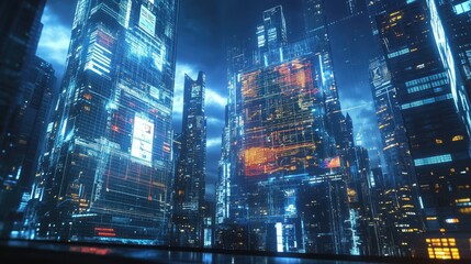 Naklejka premium A futuristic cityscape at night, with a towering building displaying a holographic projection of a complex business graph.