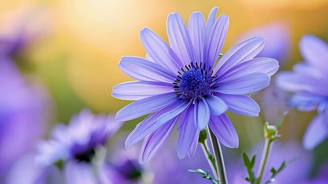 A bright blue flower  is in the center of the image, with  other flowers  surrounding it