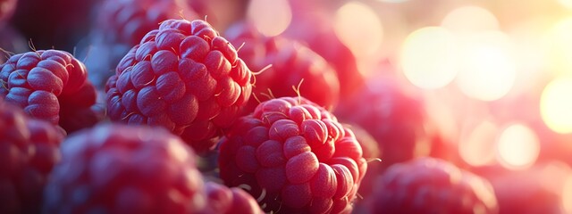 Close-up of fresh raspberries against a blurred background, macro shot, macro photography, cinematic color grading