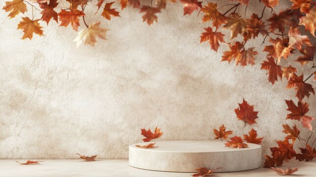 Empty podium for product display with fall leaves on beige stone wall background. Autumn, fall concept