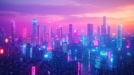 Fototapeta premium Vibrant city skyline at night, illuminated by neon lights and a stunning sunset. A perfect blend of modernity and beauty.